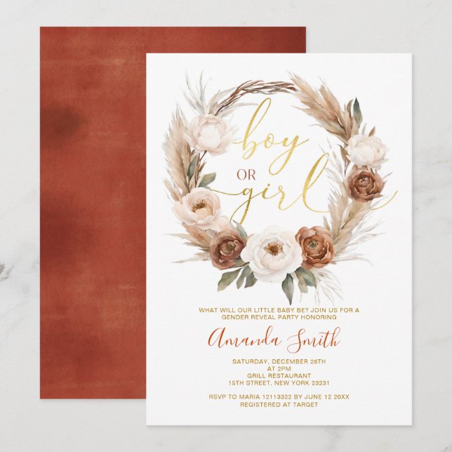 Invitación Revelación de Boho Terracota de sexo de niño o Chi (Anverso / Reverso)