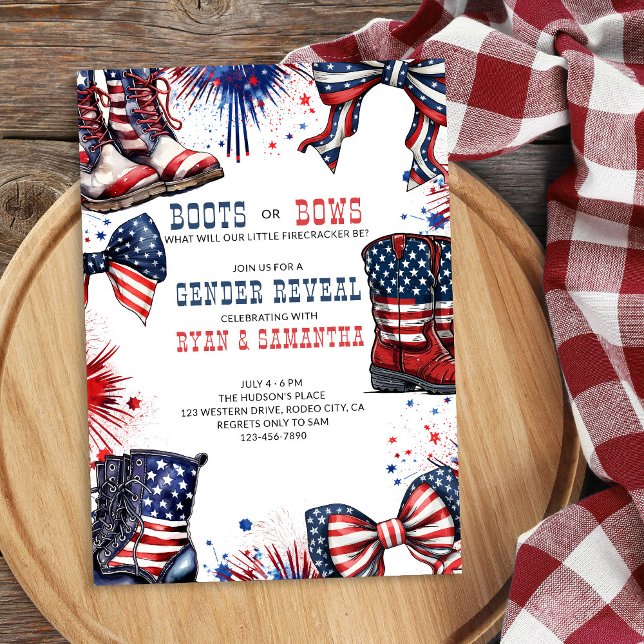 Invitación Revelación de Boots o Bows del 4 de Julio de Géner (Western Cowboy Boots or Bows Red White and Blue Gender Reveal Invitation)