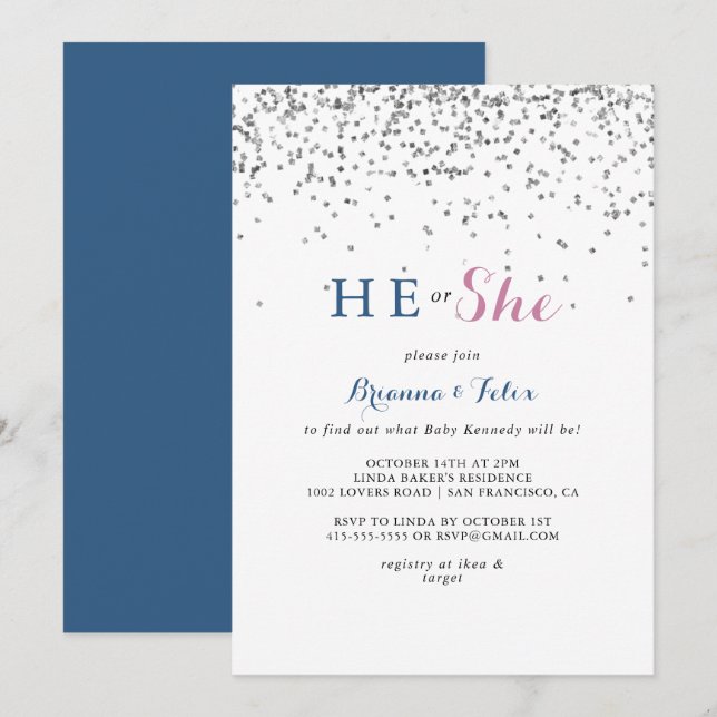 Invitación Revelación de Confeti de Plata que revele su géner (Anverso / Reverso)