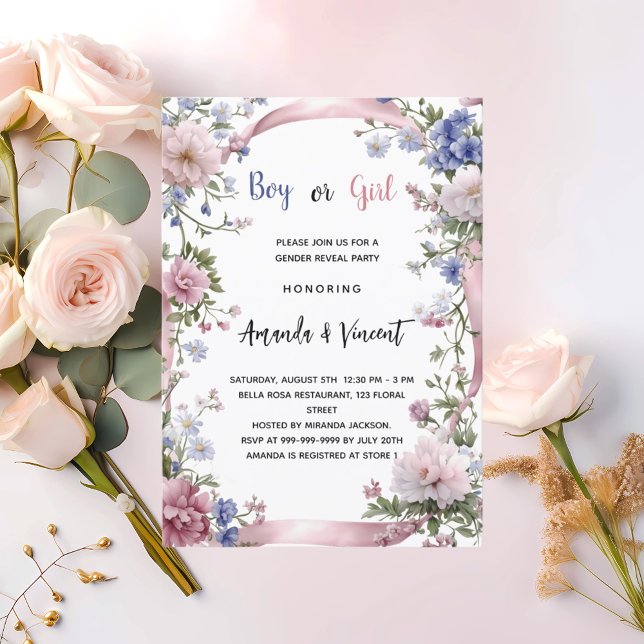 Invitación Revelación de flores azules rosadas de sexo mascul (Subido por el creador)