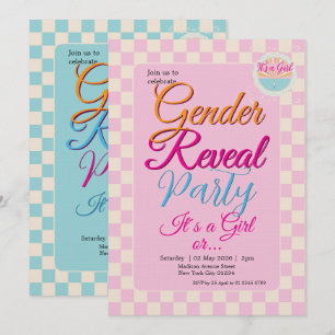 Invitación Revelación de género a cuadros azul-rosa a dos car