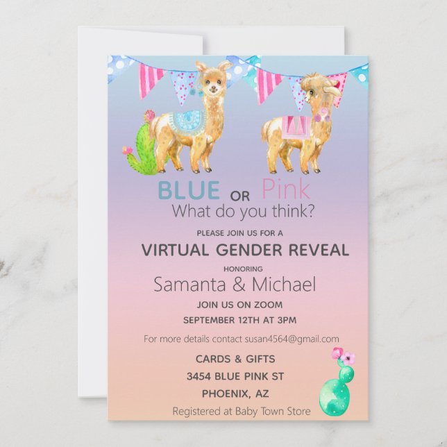 Invitación Revelación de género acuarela llama azul rosa virt (Anverso)
