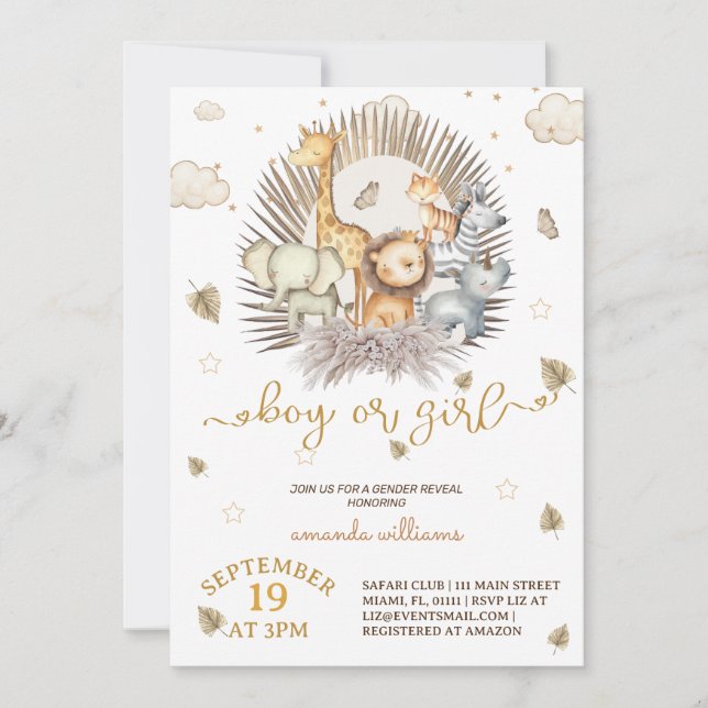 Invitación Revelación de género animal de Safari de selva (Anverso)