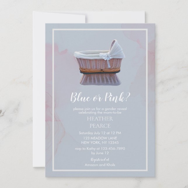 Invitación Revelación de género azul o rosa de bassinet (Anverso)