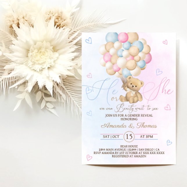 Invitación Revelación de género azul rosa del oso de peluche (Subido por el creador)