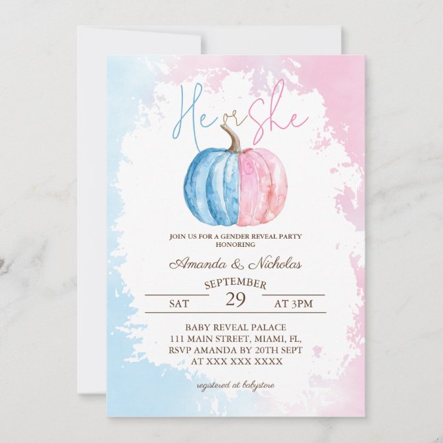 Invitación Revelación de género azul rosado mínimo de calabaz (Anverso)