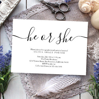 Invitación Revelación de género blanco y negro con guión mini