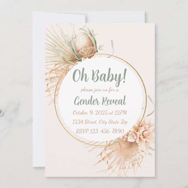 Invitación Revelación de género boho tono neutral hoja de pal (Anverso)