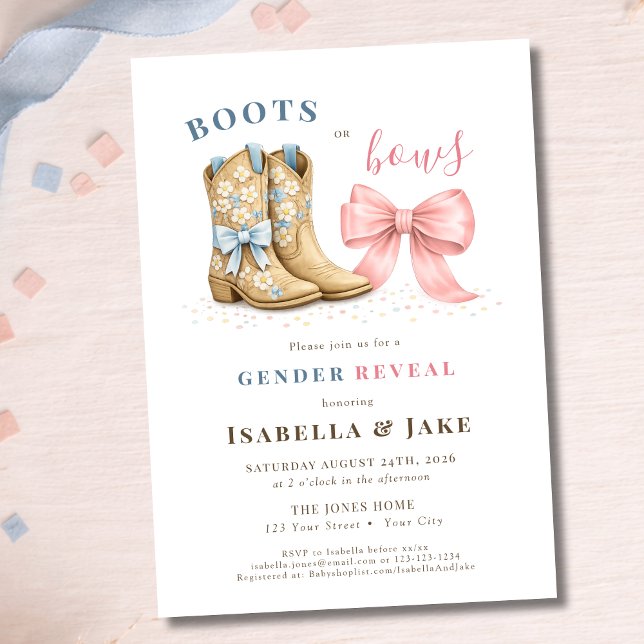 Invitación Revelación de género Botas o Lazos  (Subido por el creador)