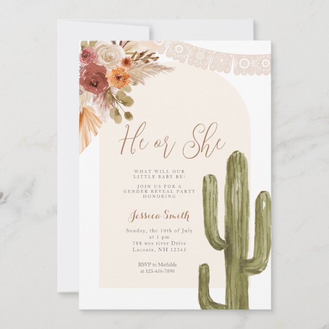 Invitación Revelación de género Cactus Bohemian Floral (Anverso)