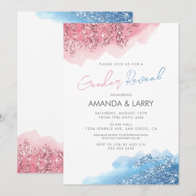 Invitación Revelación de género con brillo falso rosa y azul (Anverso / Reverso)