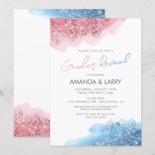 Invitación Revelación de género con brillo falso rosa y azul