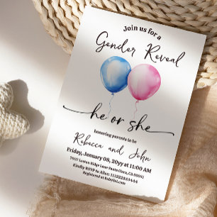Invitación Revelación de género con globo de acuarela él o el