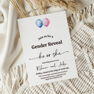 Invitación Revelación de género con globo él o ella minimalis
