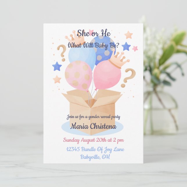 Invitación Revelación de género con globos rosas y azules ele (Anverso de pie)