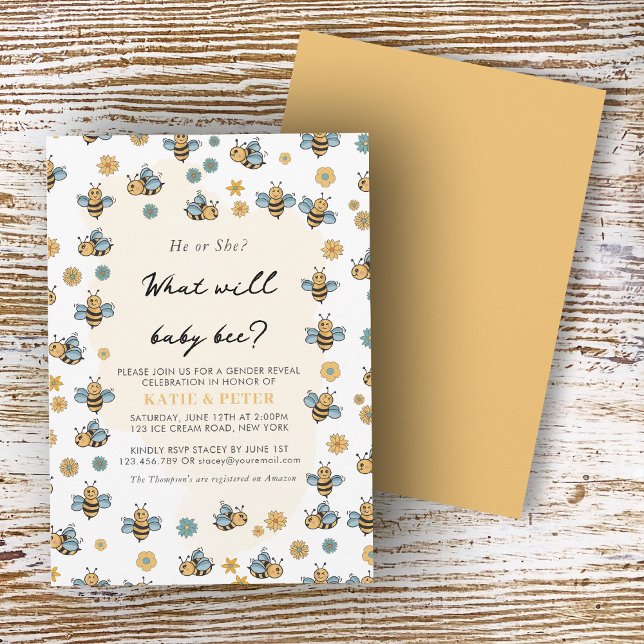 Invitación Revelación de género de abejas y flores silvestres (Cute Bee & Wildflowers Gender Reveal Invitation)