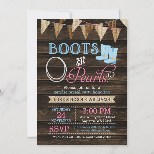 Invitación Revelación de género de Baby Shower con Botas Rúst (Anverso)