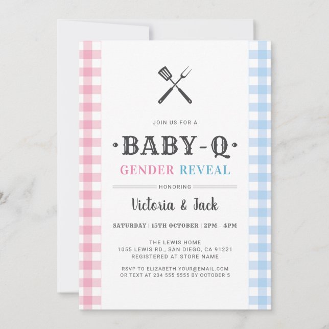 Invitación Revelación de género de BabyQ Gingham BQ (Anverso)