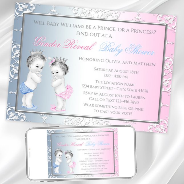 Invitación Revelación de género de bebé con temática de prínc (Adorable gender reveal or twins invitation. Instant download and printed invitations available.)