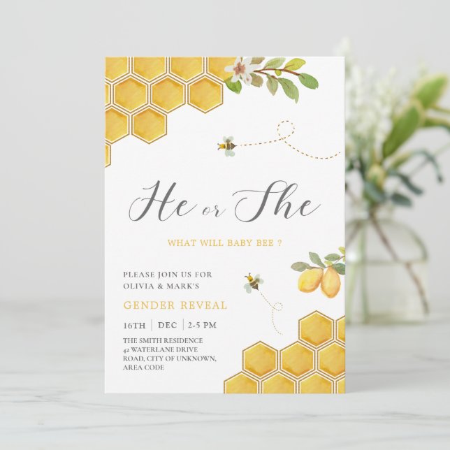 Invitación Revelación de género de bebé de abeja amarillo de  (Anverso de pie)