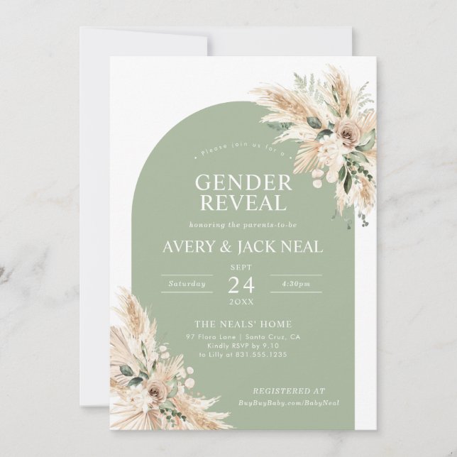 Invitación Revelación de género de bebé de hierba verde salva (Anverso)