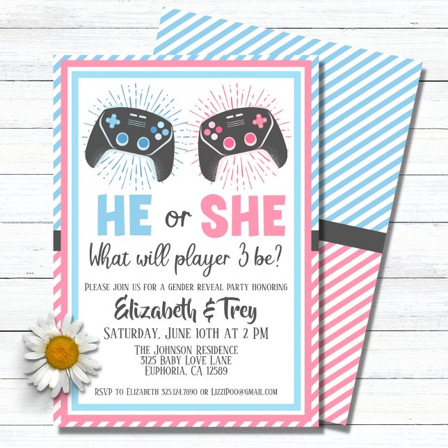 Invitación Revelación de género de bebé de jugador de cuidado (A cute geeky gender reveal invitation for the parents to be who love video games.)