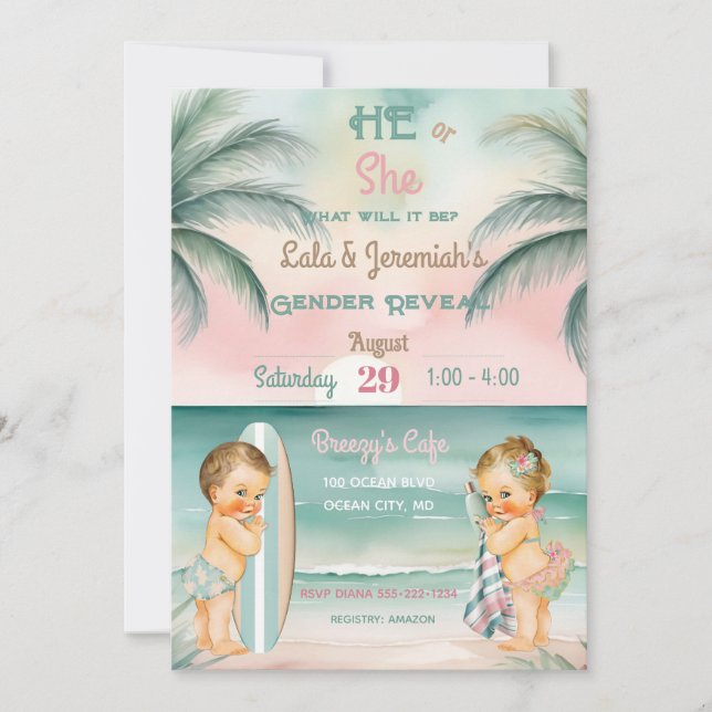 Invitación Revelación de género de bebé de playa tropical Blu (Anverso)