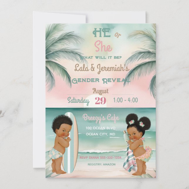Invitación Revelación de género de bebé de playa tropical Blu (Anverso)