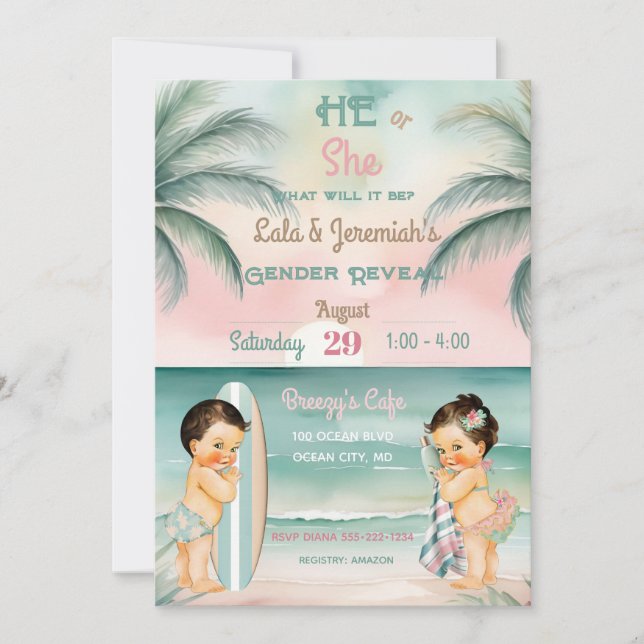 Invitación Revelación de género de bebé de playa tropical Blu (Anverso)
