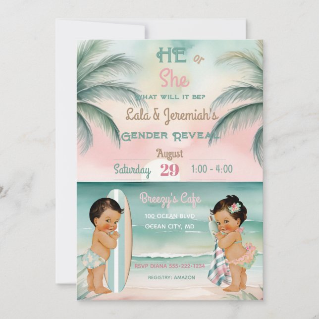 Invitación Revelación de género de bebé en playa tropical Blu (Anverso)
