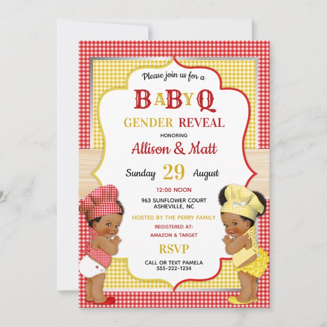 Invitación Revelación de género de bebé Q BBQ Gingham rojo y  (Anverso)