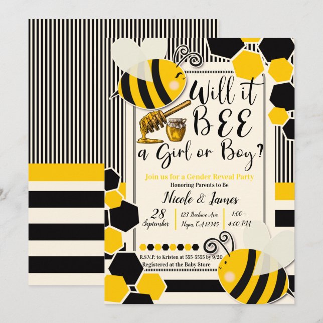 Invitación ¿Revelación de género de BEE Baby Shower? (Anverso / Reverso)