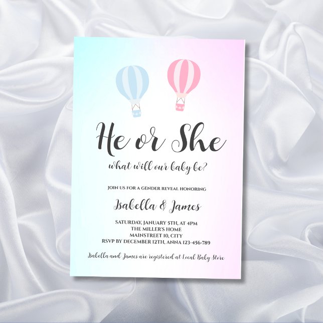 Invitación Revelación de género de Blue Cute rosa de globo de (gender reveal invitation hot air balloon pink or blue he or she)