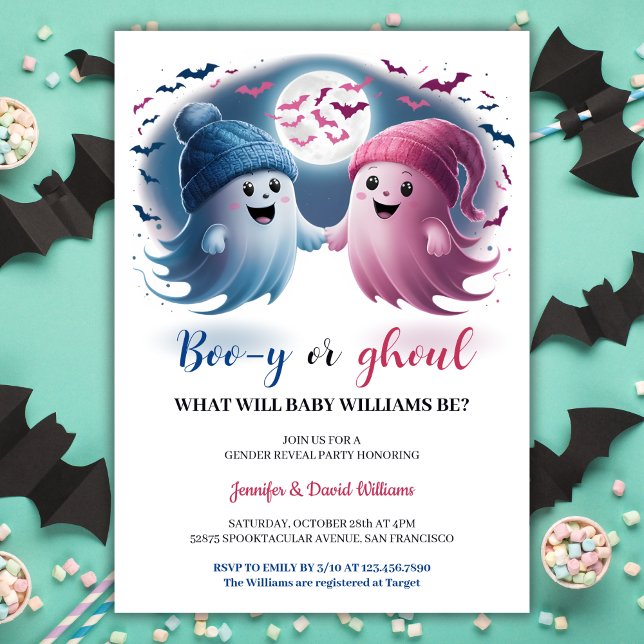 Invitación Revelación de género de Blue Pink Boo y o Ghoul Ha (Blue Pink Boo y or Ghoul Halloween Gender Reveal Invitation)