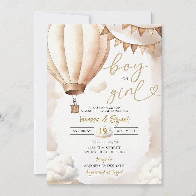 Invitación Revelación de género de Boho Beige, niño con globo (Anverso)