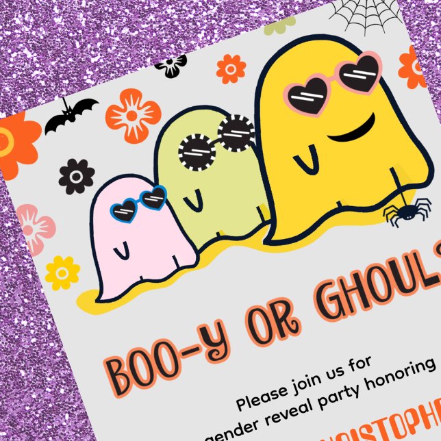 Invitación Revelación de género de Booy o Ghoul 70s Ghost Hal (Booy-or-Ghoul-70s-Ghost-Halloween-Gender-reveal-Invitation-1)