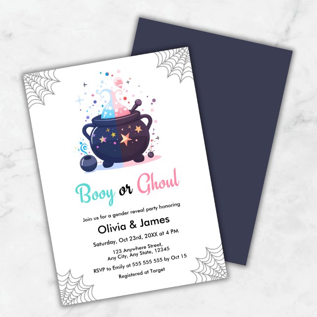 Invitación Revelación de género de Booy o Ghoul Cauldron Hall (Booy or Ghoul Cauldron Halloween Gender Reveal Invitation )