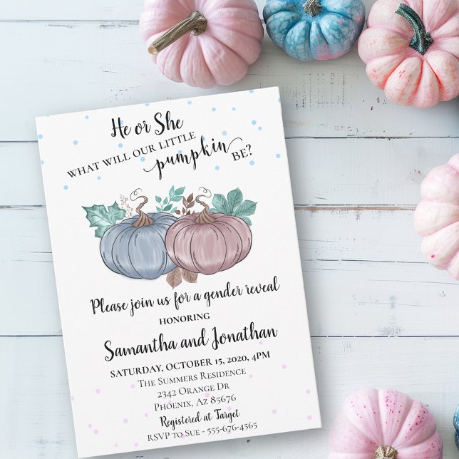 Invitación Revelación de género de calabaza azul rosa de otoñ (Subido por el creador)
