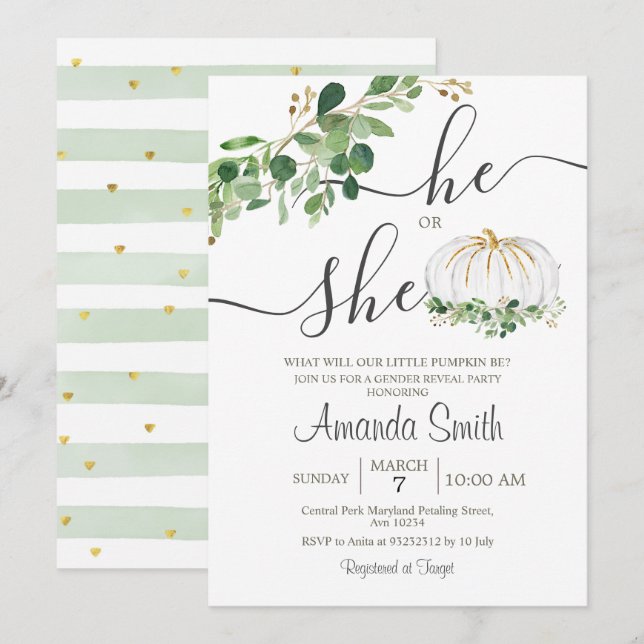Invitación Revelación de género de calabaza blanca (Anverso / Reverso)