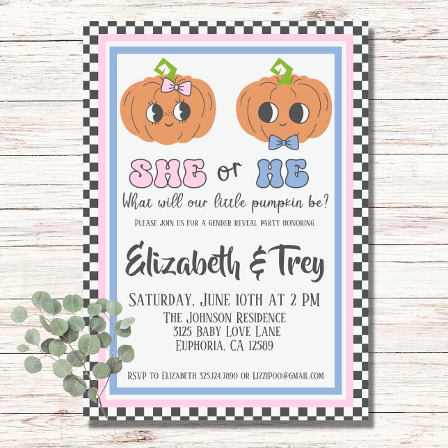 Invitación Revelación de género de calabaza de calabaza de cu (Cute Pumpkin Gender Reveal Invitation)