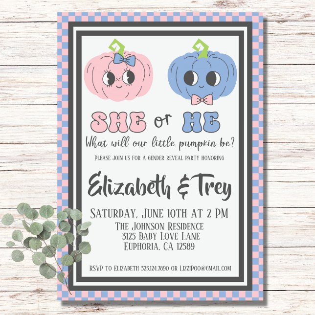 Invitación Revelación de género de calabaza de Halloween de C (Super pink and blue pumpkin invitation for fall baby gender reveal party!)