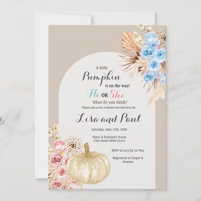 Invitación Revelación de género de calabazas otoñales de niño (Anverso)