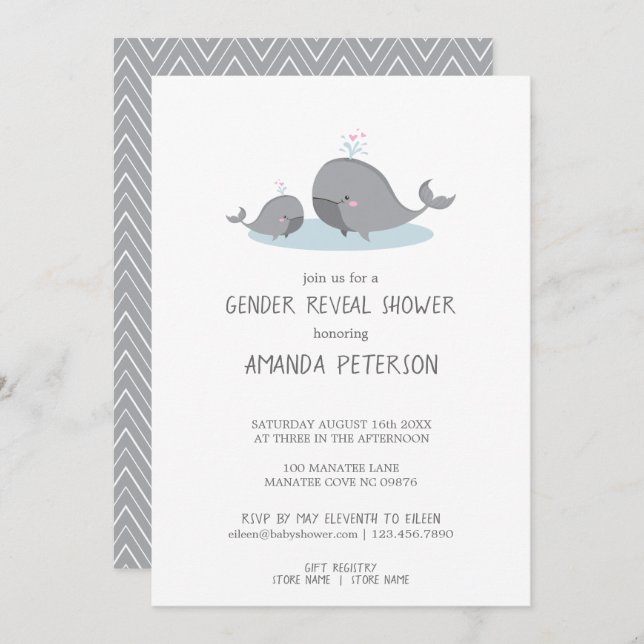 Invitación Revelación de género de Chevron azul para mamá y b (Anverso / Reverso)