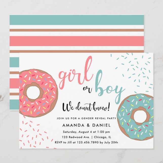 Invitación Revelación de género de chica o niño/donuts azules (Anverso / Reverso)