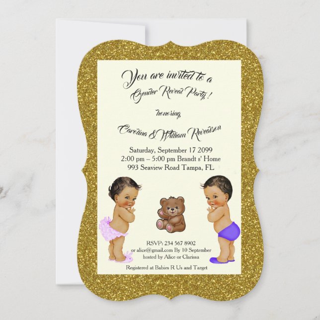Invitación revelación de género de chica o niño, oso, purpuri (Anverso)