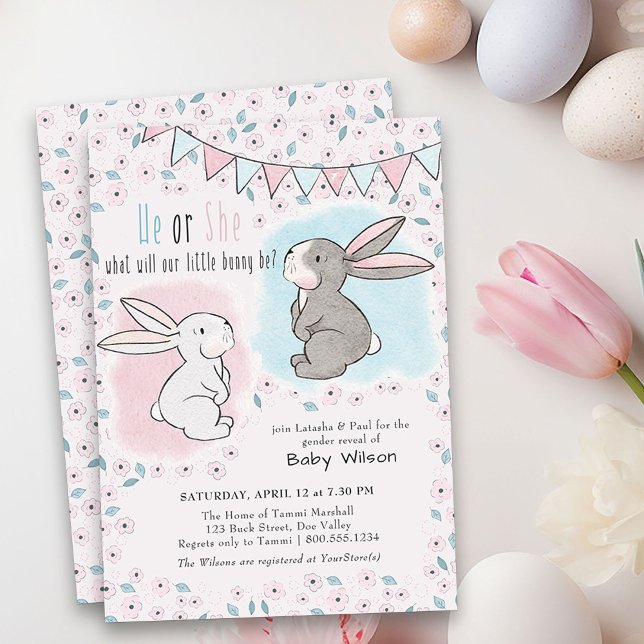 Invitación Revelación de género de conejito rosa y azul (He or She Gender Reveal Invitation with little bunnies - pink or blue and perfect for easter)