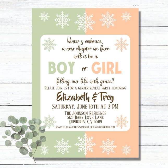 Invitación Revelación de género de copos de nieve en invierno (Forget the traditional pink and blue with this sage green and peach winter gender reveal invitation.)