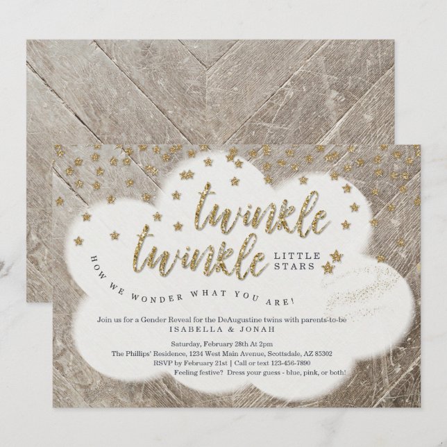 Invitación Revelación de género de dos gemelos Twinkle Little (Anverso / Reverso)