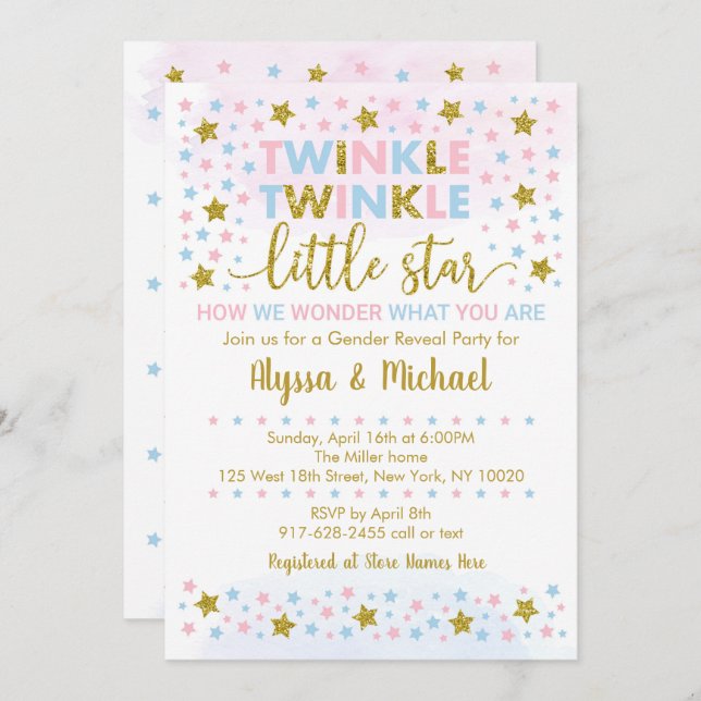 Invitación Revelación de género de estrella pequeña Twinkle (Anverso / Reverso)