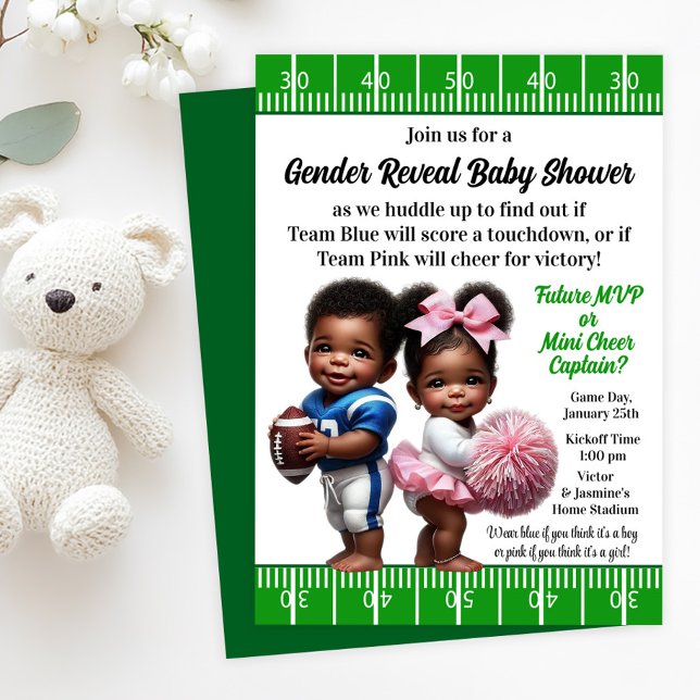 Invitación Revelación de género de fútbol americano (Football player and cheerleader gender reveal baby shower invitation. Simply add your details!)